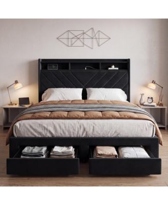 Velvet Upholstered Platform Bed with 52" Wingback Headboard, Built-in Charging Station & 2 Metal Storage Drawers - No Box Spring Needed