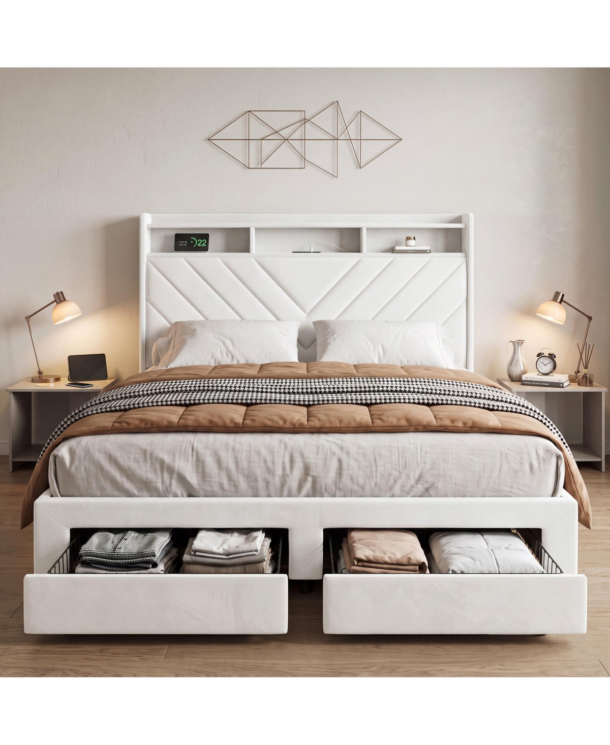 Velvet Upholstered Platform Bed with 52" Wingback Headboard, Built-in Charging Station & 2 Metal Storage Drawers – No Box Spring Needed