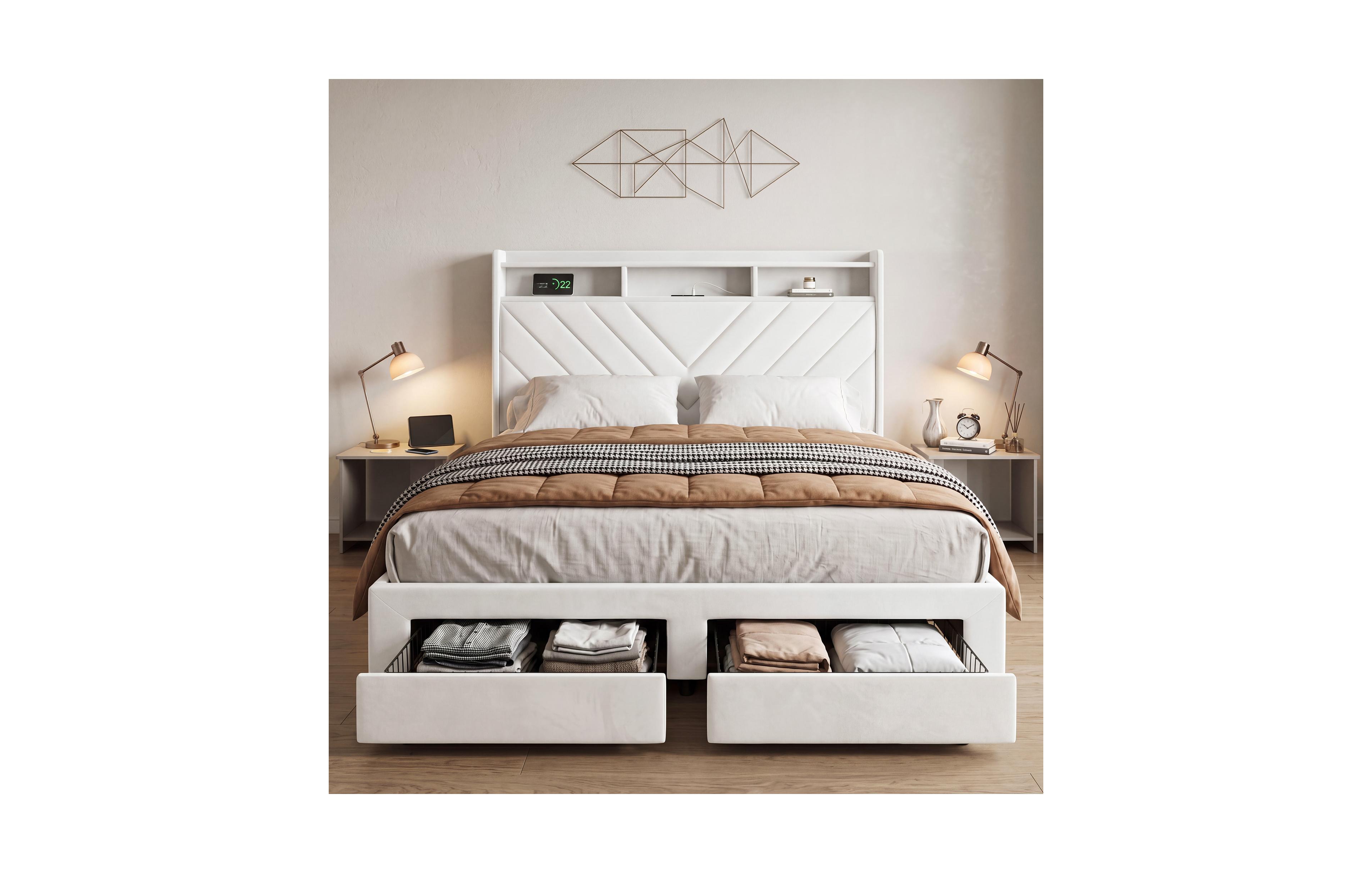 homfan Velvet Upholstered Platform Bed with 52" Wingback Headboard, Built-in Charging Station & 2 Metal Storage Drawers