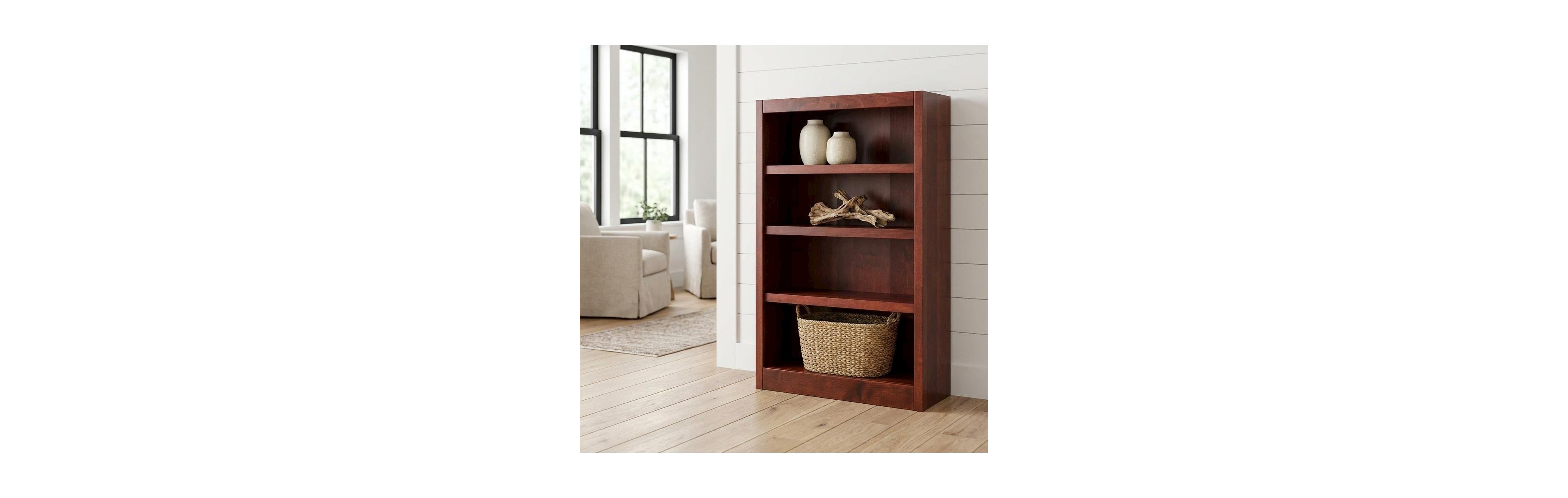 FurniFact Cherry finish single wide bookcase, 4 adjustable, fixed shelves, sturdy design