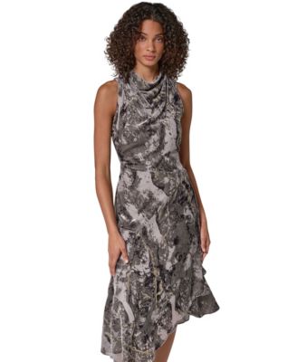 Women's Cowl Neck Burnout Velvet Asymmetrical Midi Dress
