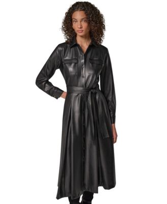 Women's Faux Leather Belted Fitted Shirt Dress