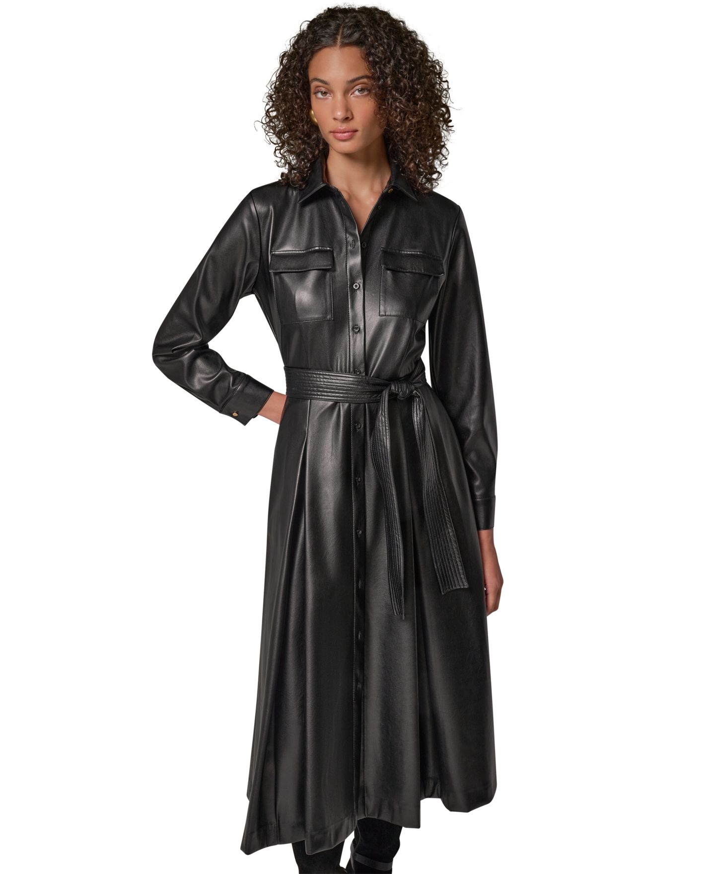 Женское платье Donna Karan New York Faux Leather Belted Fitted Shirt Dress, цвет: Чёрный — фото 1
