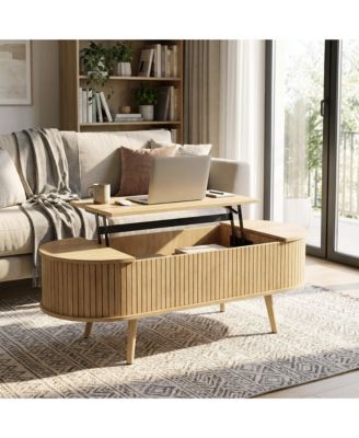 Modern Oval Lift Top Coffee Table with Hidden Storage, 47 Inch Fluted Table, Waterproof Cocktail Table with Rounded Corners for Living Room
