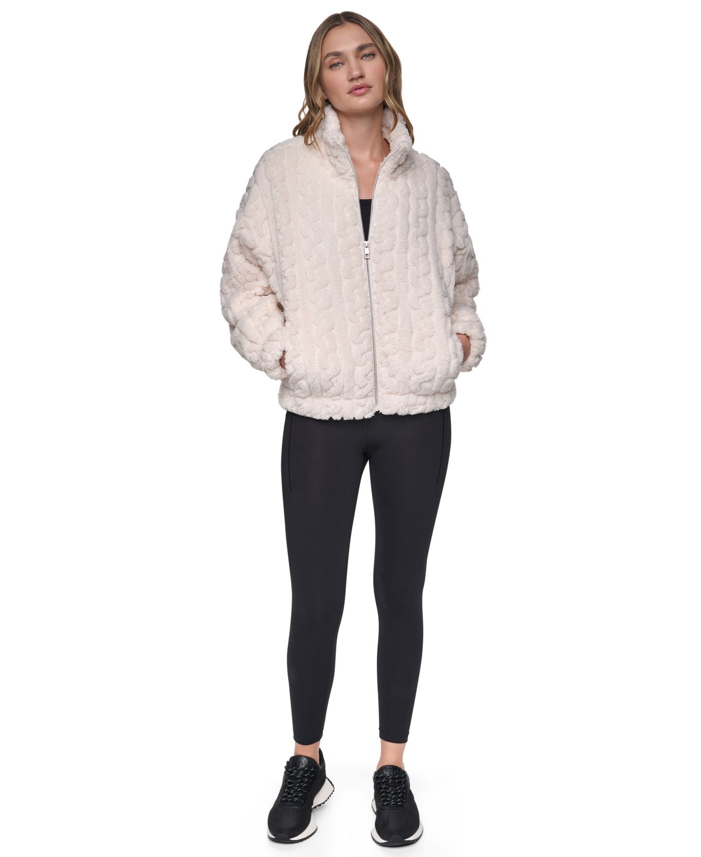 Женская куртка из шерпы DKNY Sport на молнии с узором в косы, цвет: Сливочный — фото 2