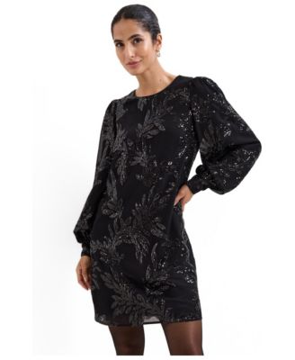 Women's Odette Floral-Print Sequin Long-Sleeve Dress