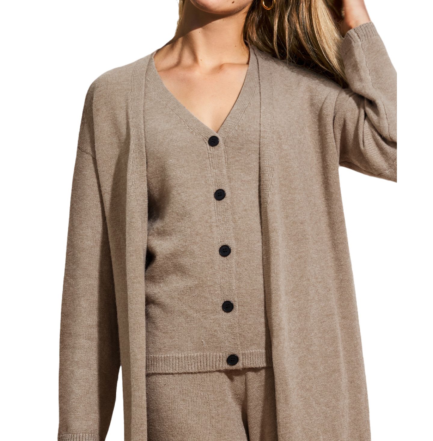 Женские комплекты Cupshe Knit V-Neck Wide-Leg Cardigan, Top, and Pants, 3-Piece Set, цвет: Тёмный бежевый — фото 4