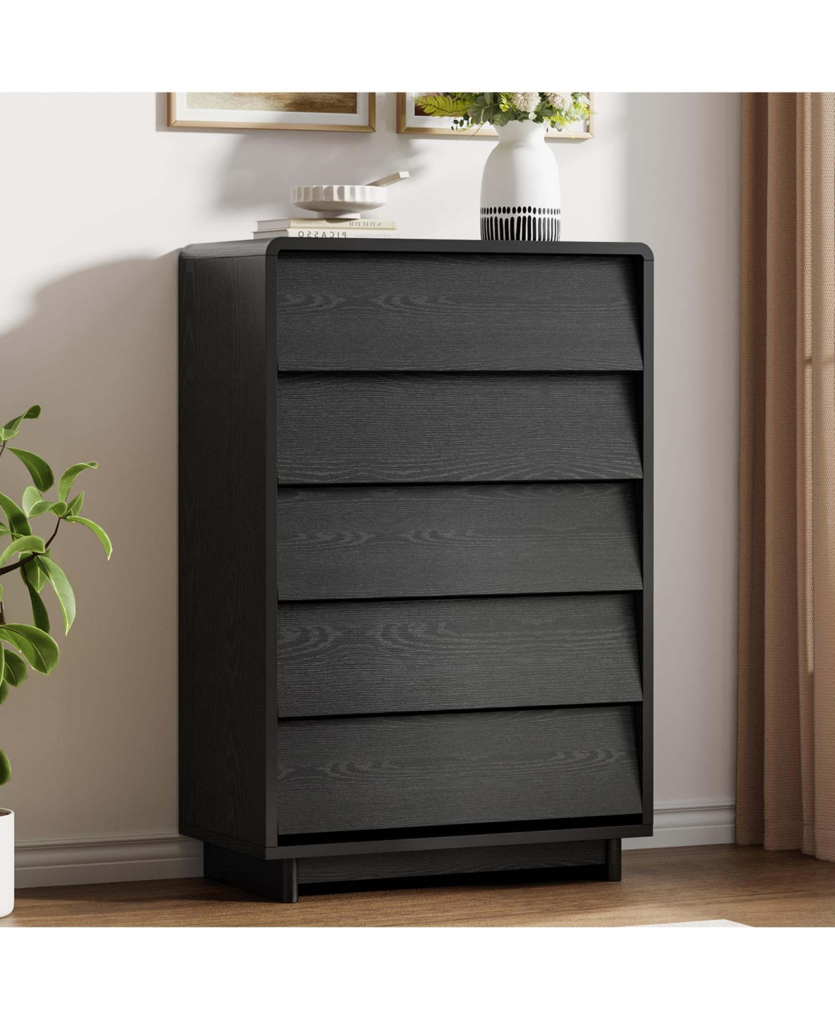 homfan 5-Drawer Dresser 29.5 Inch Wide Modern Wood Tall Storage Chest Handle-Free Design for Bedroom Living Room