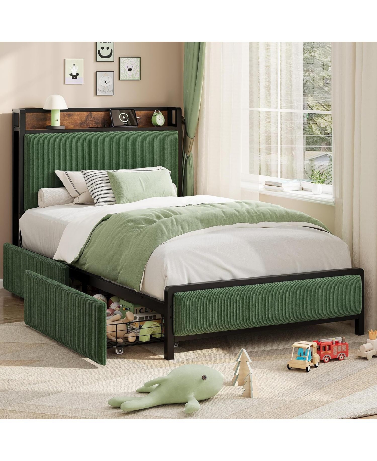 gaomon Twin Size Bed Frame with 2 Storage Drawers and Charging Station