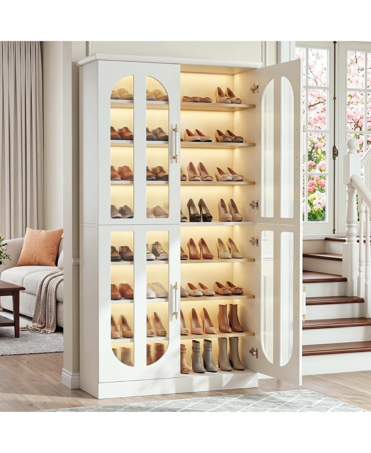 Tribesigns 8-Tier Tall Shoe Cabinet Holds 32-40 Pairs, Shoe Rack Organizer with Adjustable Shelves, Acrylic Doors and Dimmable Led Lights