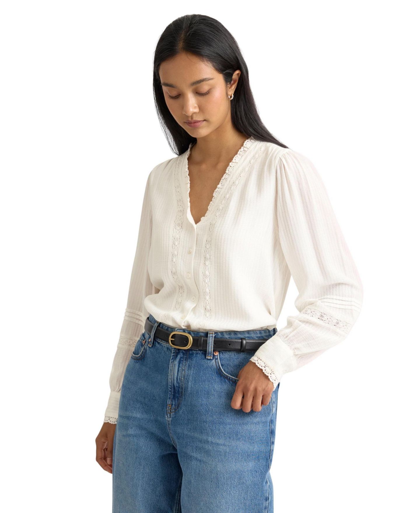 Женская блузка Albaray Long-Sleeve V-Neck Lace-Trimmed, цвет: Кремовый — фото 2