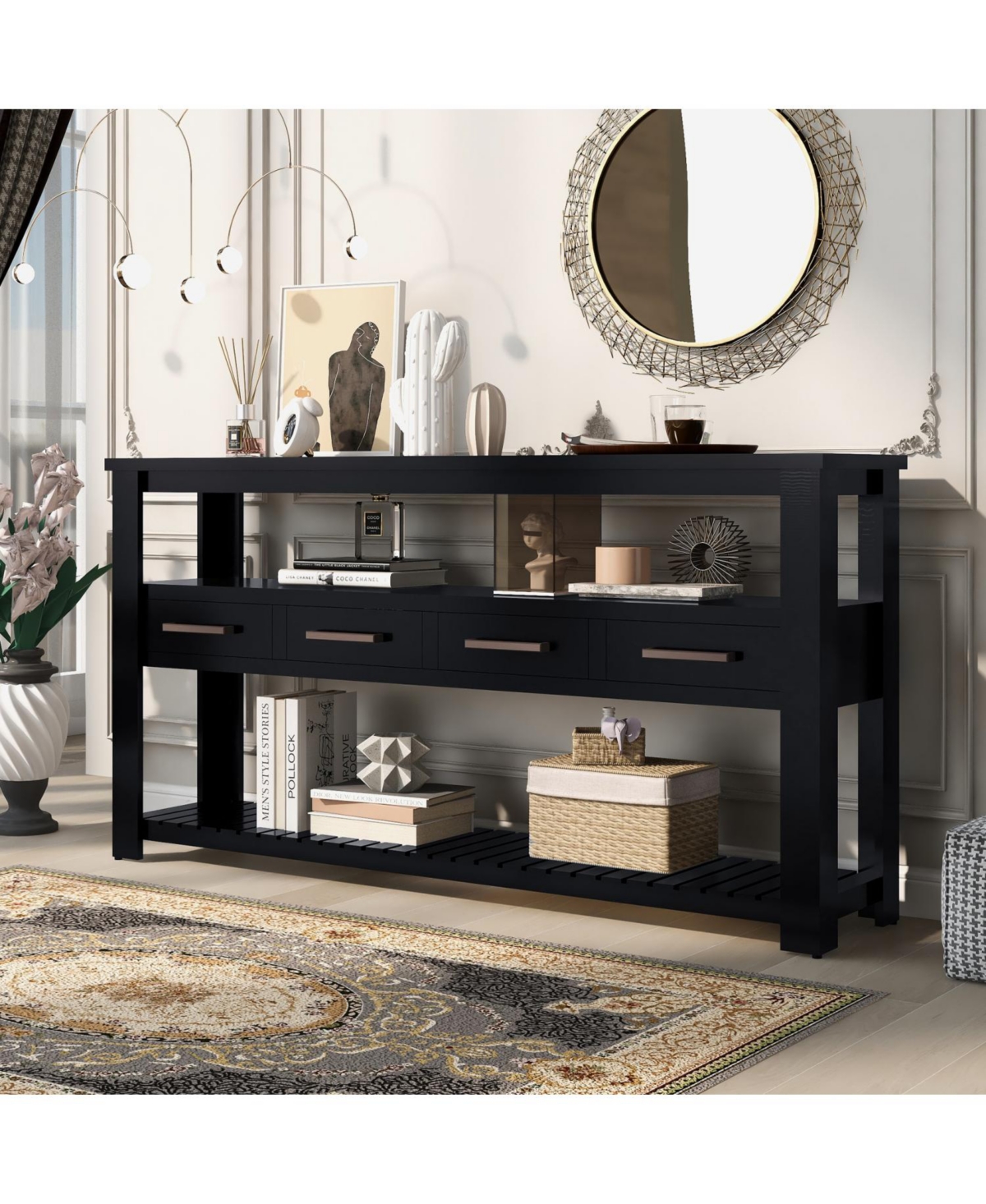 Rainsken 61.5'' Large Entryway Table, with 4 Drawers and 3-Tier Open Shelves Metal Handles, Versatile Hallway Sofa Table for Living Room, Foyer