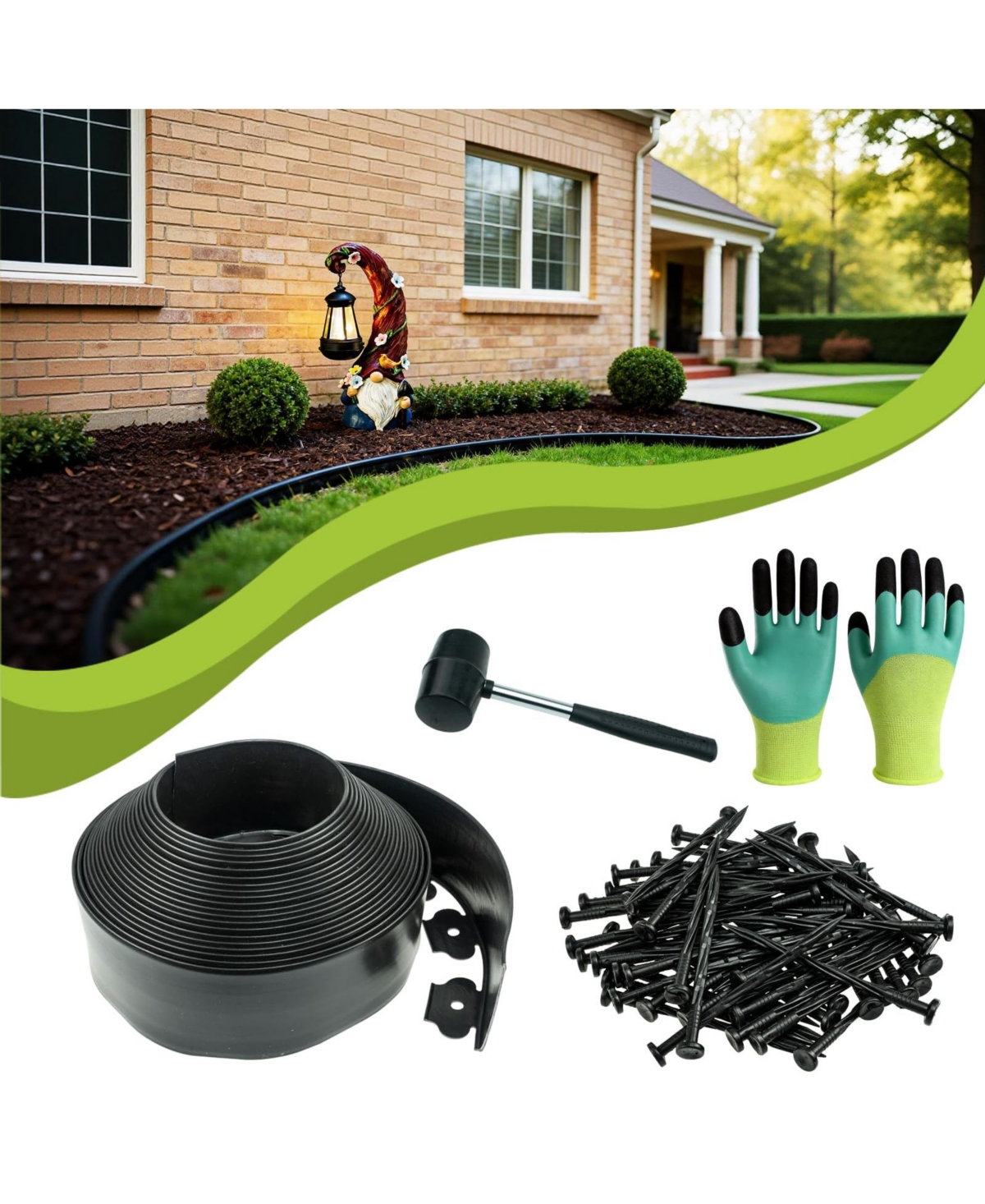 Xdovet 4in X 50ft No Dig Landscape Edging Garden Border Kit With 75 Spikes Hammer Gloves