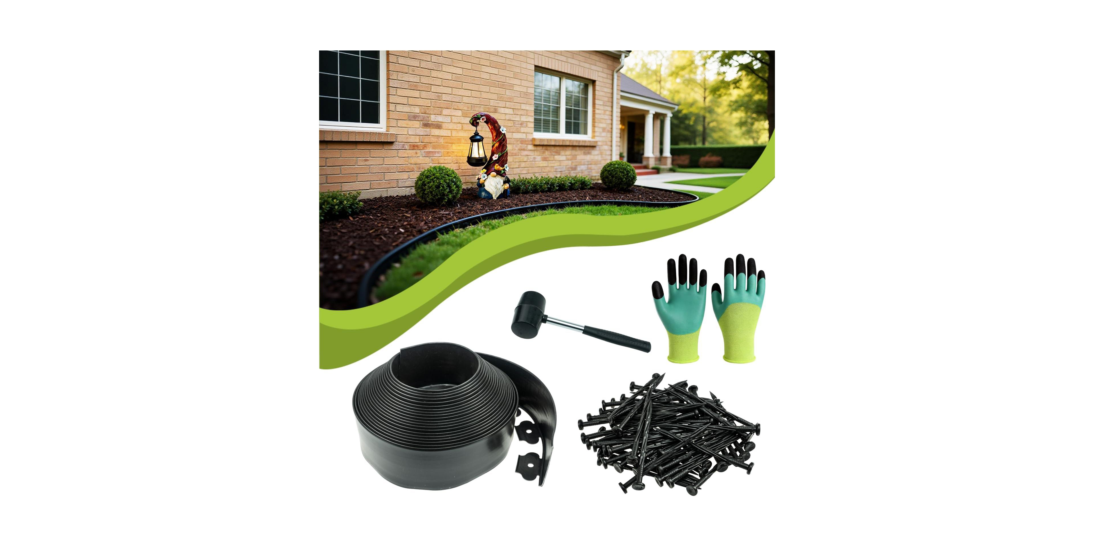 Xdovet 4in X 50ft No Dig Landscape Edging Garden Border Kit With 75 Spikes Hammer Gloves