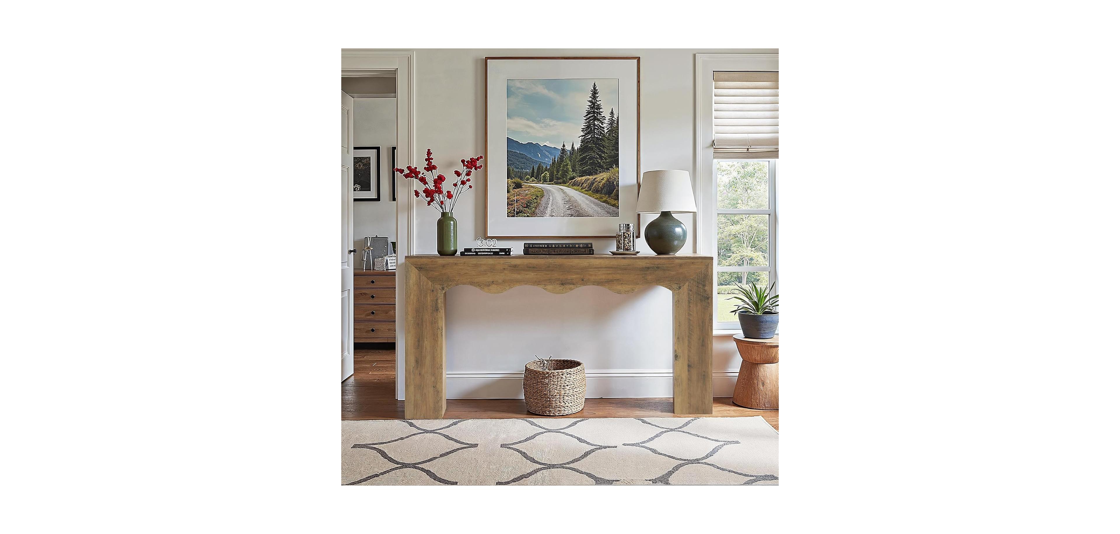 Tribesigns 63" Wooden Console Table with Wavy Edge, Narrow Sofa for Living Room