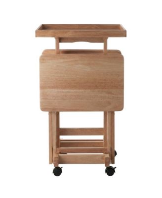 Natural Wood 6 Piece TV Trays Set With Folding Snack Tables And Mobile Stand