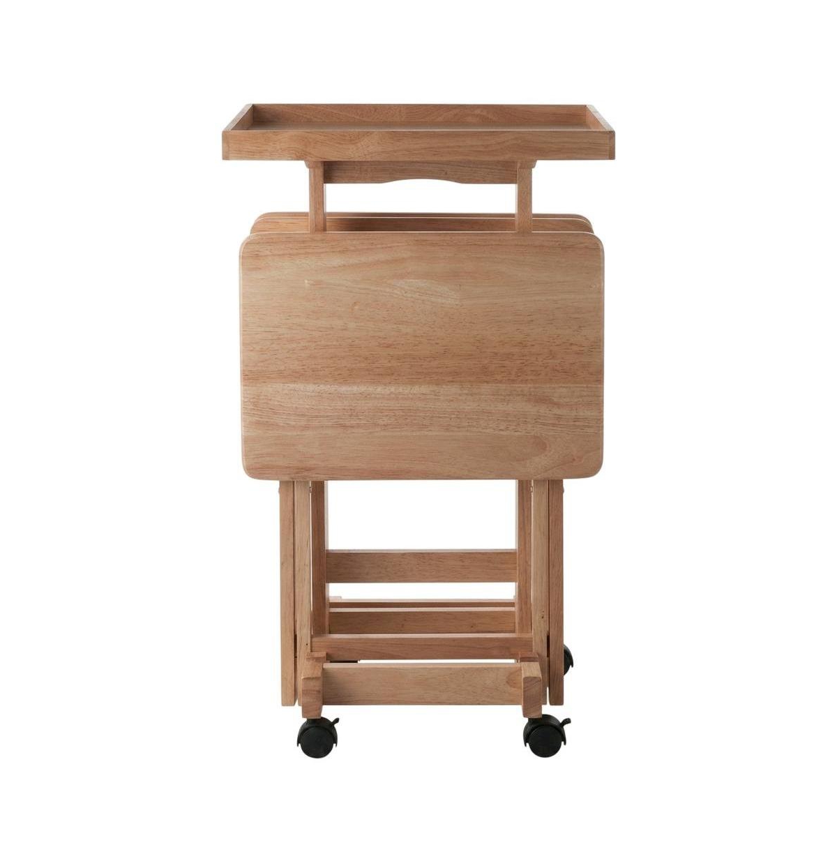 FurniFact Natural Wood 6 Piece Tv Trays Set With Folding Snack Tables And Mobile Stand