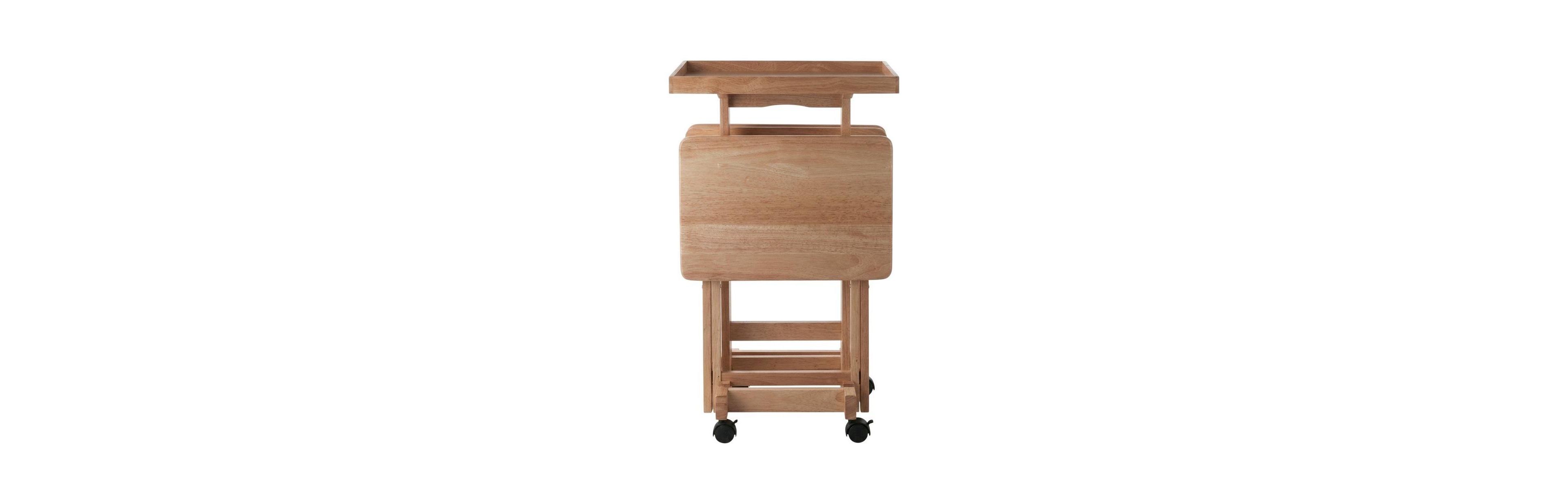 FurniFact Natural Wood 6 Piece Tv Trays Set With Folding Snack Tables And Mobile Stand