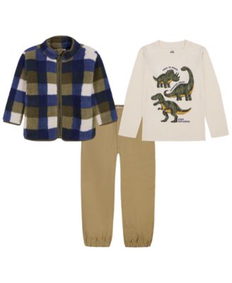 Toddler Boys' 2T-5T Dinosaur Plaid Sherpa T-Shirt, Jacket, and Joggers, 3-Piece Set