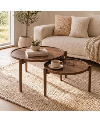 Nesting Coffee Table Set of 2, Round Space-Saving Side Tables with Anti-Slip Feet