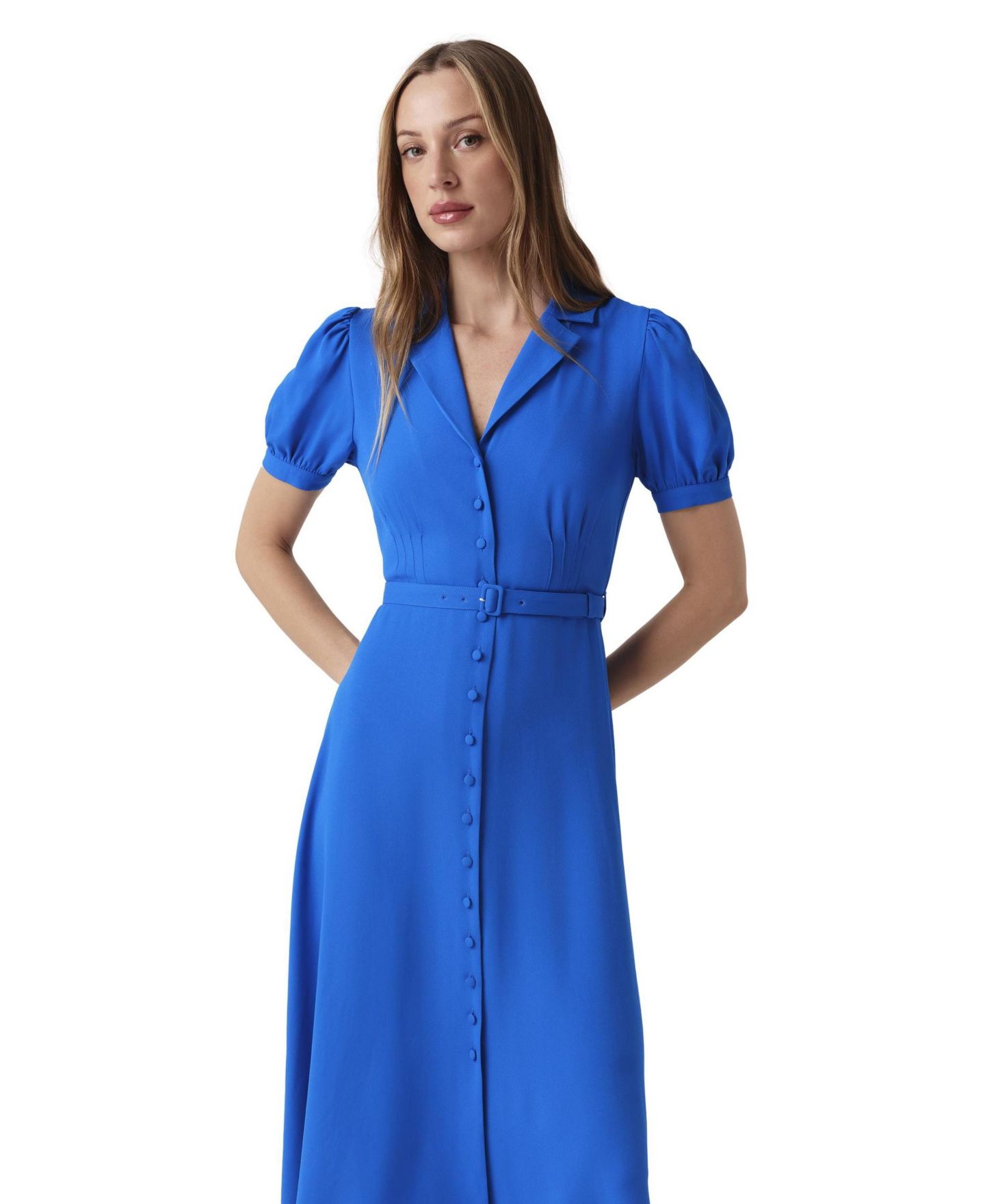 Женское платье Ghost London Phoebe Puff-Sleeve Belted Midi Shirt Dress, цвет: Синий — фото 4