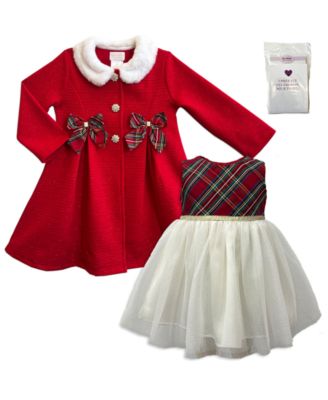 Baby Girls' Delicate Bow Coat and Sleeveless Plaid Dress with Tights, 3-Piece Set