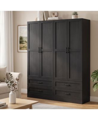 Wooden Kitchen Pantry Cabinet Set of 2 with 3 Pull-Out Shelves and Drawers