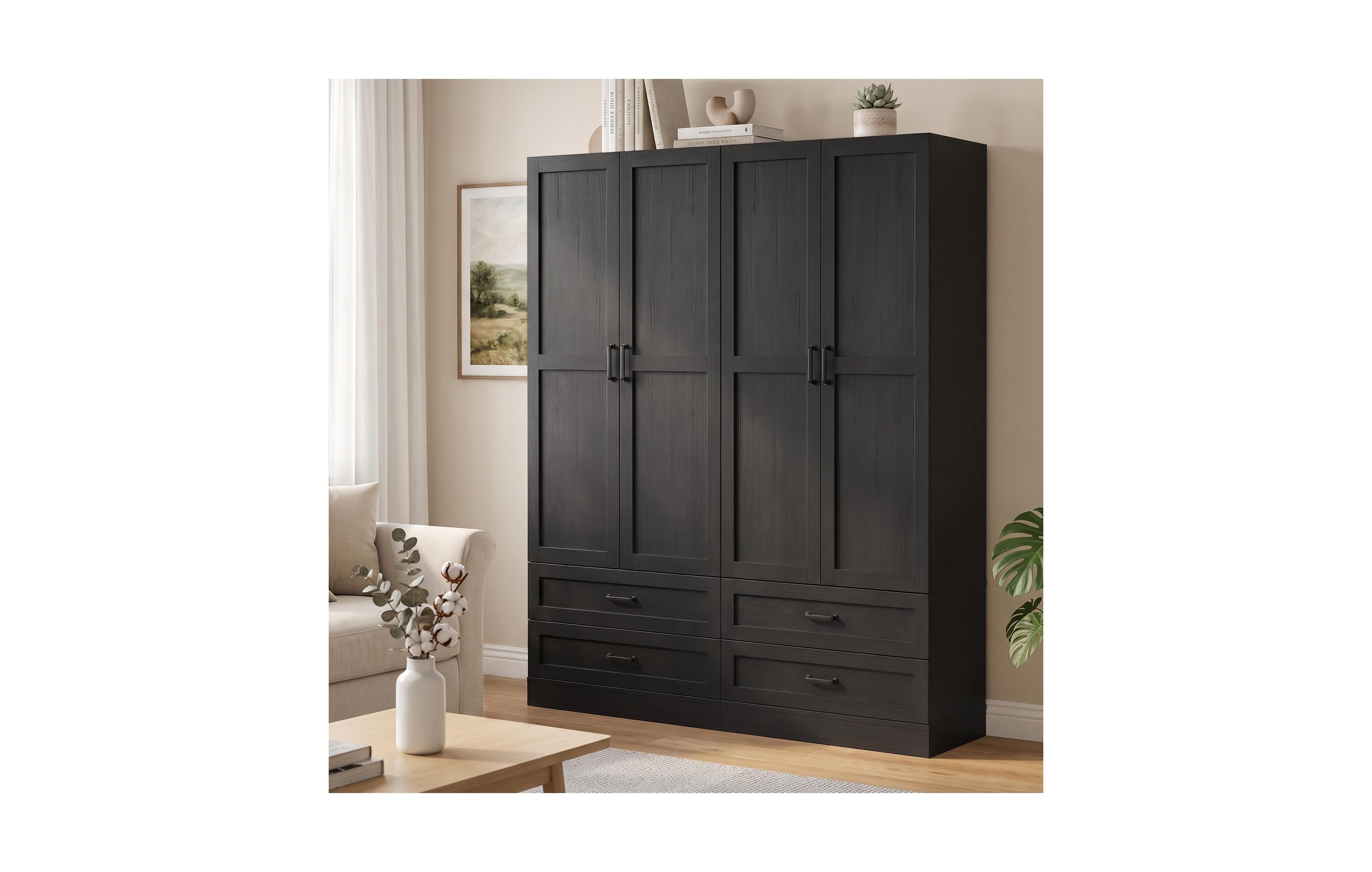 Aheaplus Wooden Kitchen Pantry Cabinet Set of 2 with 3 Pull-Out Shelves and Drawers