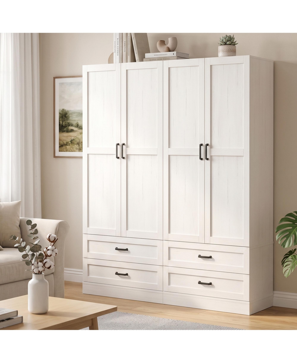 Aheaplus Wooden Kitchen Pantry Cabinet Set of 2 with 3 Pull-Out Shelves and Drawers - Vintage white