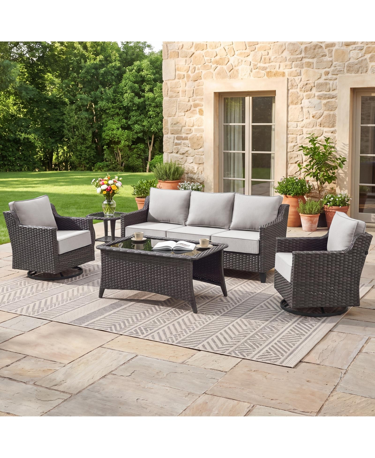 Pocassy Horiz 5-Piece Wicker Patio Furniture Set with Swivel Rocker Chairs, Rattan Sofa and Coffee Table, Outdoor Conversation
