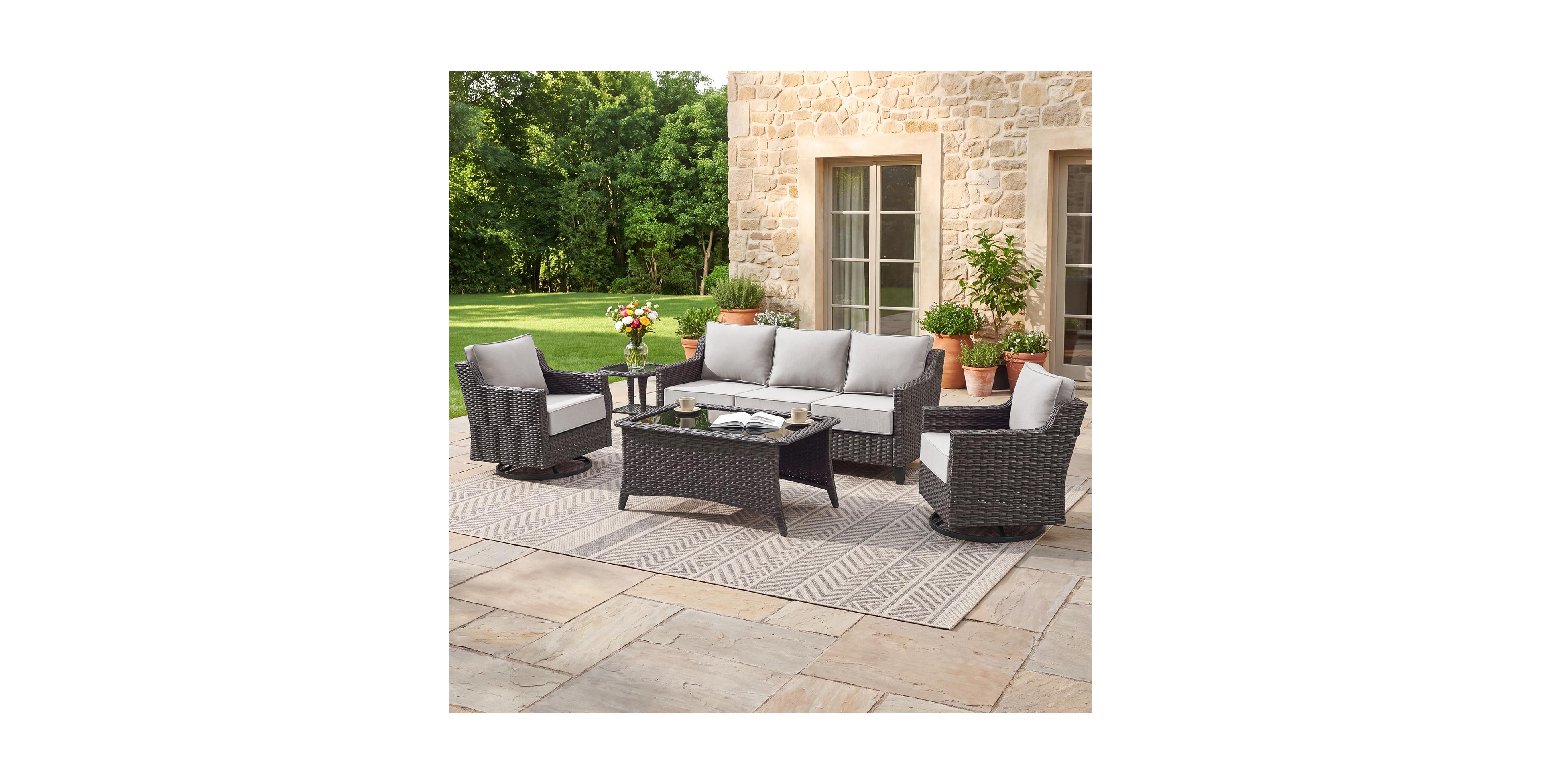 Pocassy Horiz 5-Piece Wicker Patio Furniture Set with Swivel Rocker Chairs, Rattan Sofa and Coffee Table, Outdoor Conversation