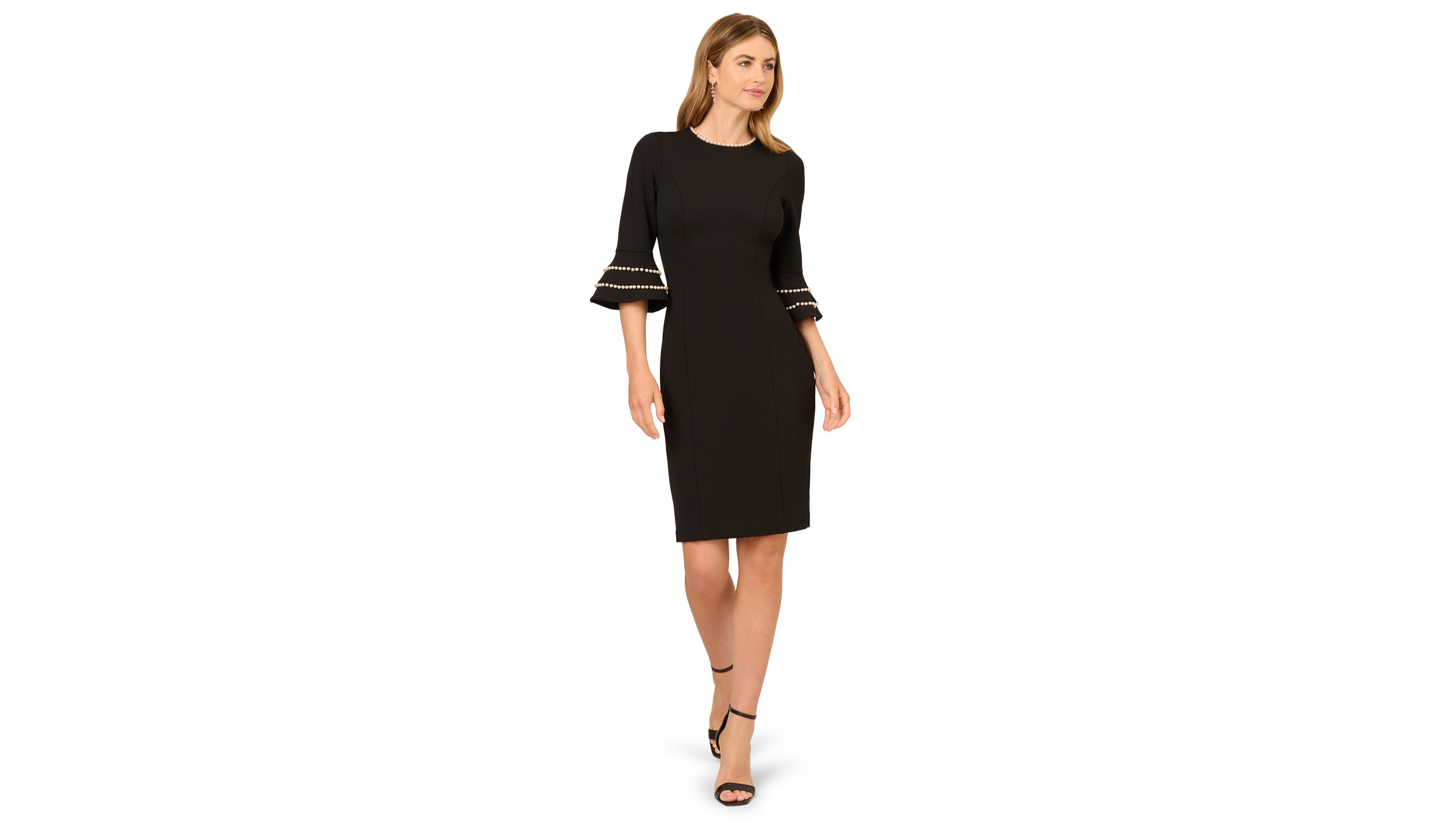 Adrianna Papell Petite Pearl-Trimmed 3/4-Sleeve Bell-Cuff Cocktail Dress