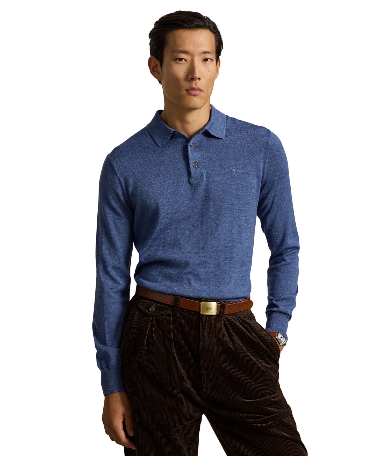 Мужской свитер Polo Ralph Lauren Wool Polo-Collar, цвет: Синий меланжевый — фото 1