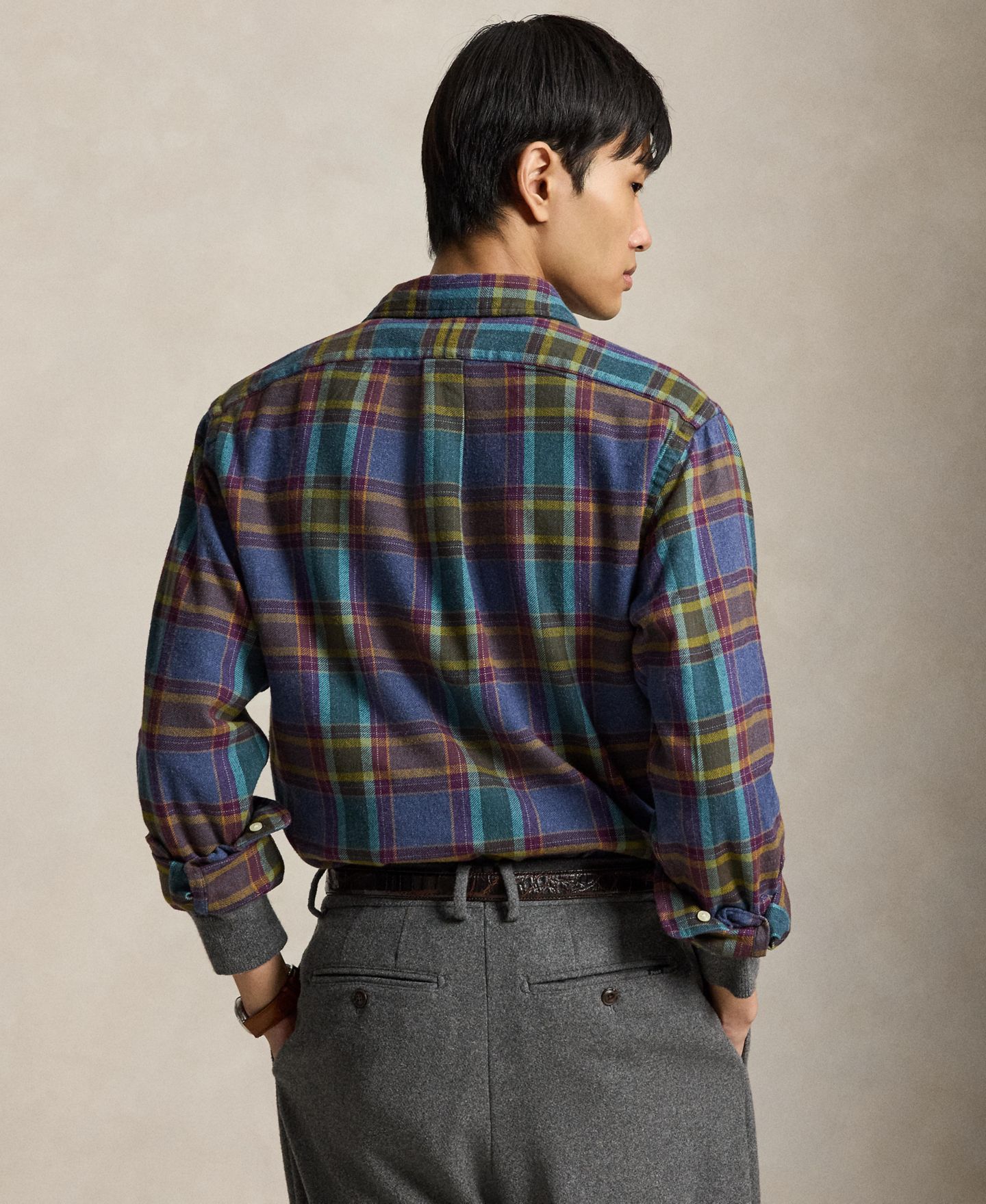 Мужская рубашка Polo Ralph Lauren Long-Sleeve Plaid Brushed Flannel, цвет: Синий фиолетовый меланжевый разноцветный — фото 4