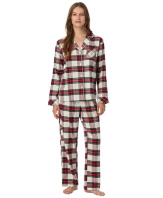 Petite Flannel Long-Sleeve Notch-Collar Top and Pants, 2-Piece Set