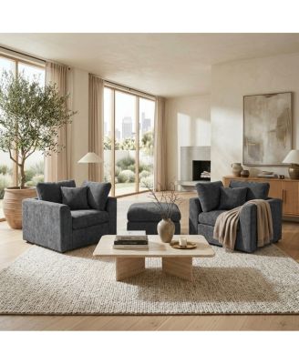 3-Piece Chenille Upholstered Accent Chair Set with Ottoman and Pillows