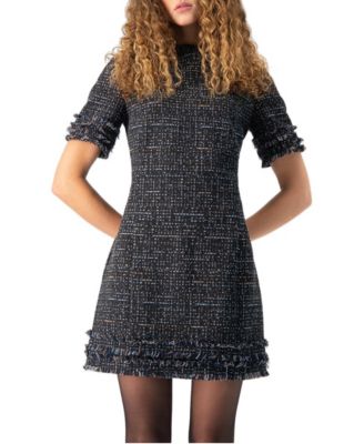 Women's Tweed Sheath Dress with Fringe Details