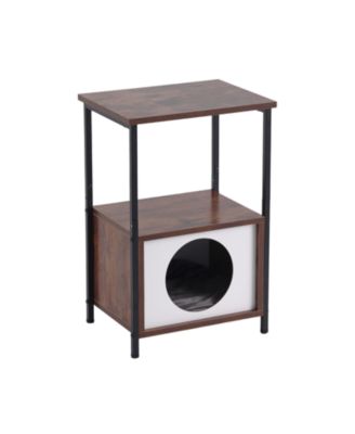 2-in-1 Cat Crate Side Table, Iron + Wood Cat Rest Area with Storage, Multi-Functional End Table for Cats, Tiger Stripe