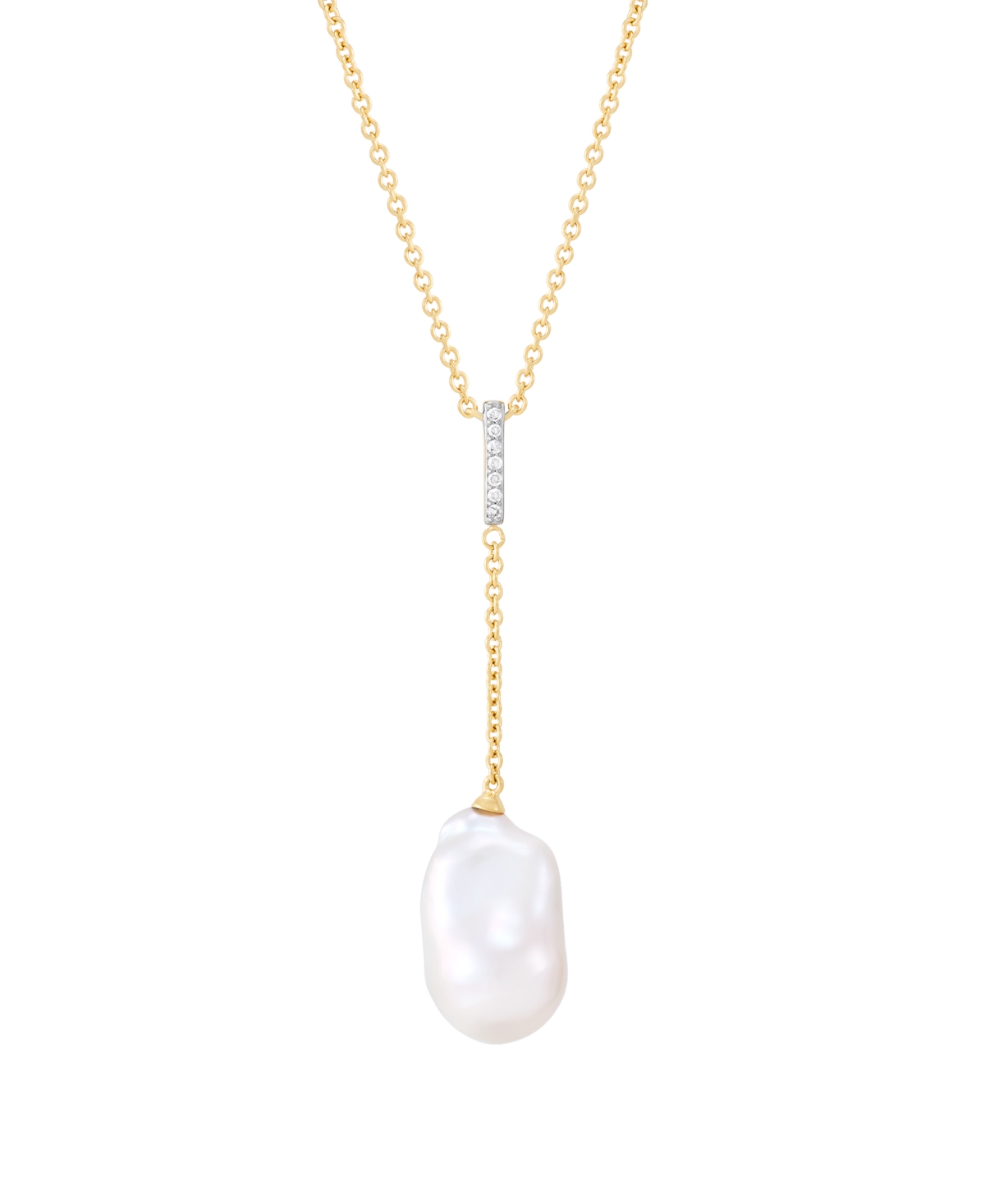 Macy's Cultured Freshwater Pearl and Diamond Cable Chain Necklace (Under 1/4 ct. t.w.) in 14k Yellow Gold-Plated Sterling Silver