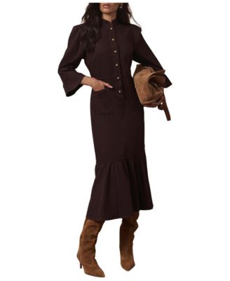 Women's Denim Puff Shoulder Midi Shirt Dress