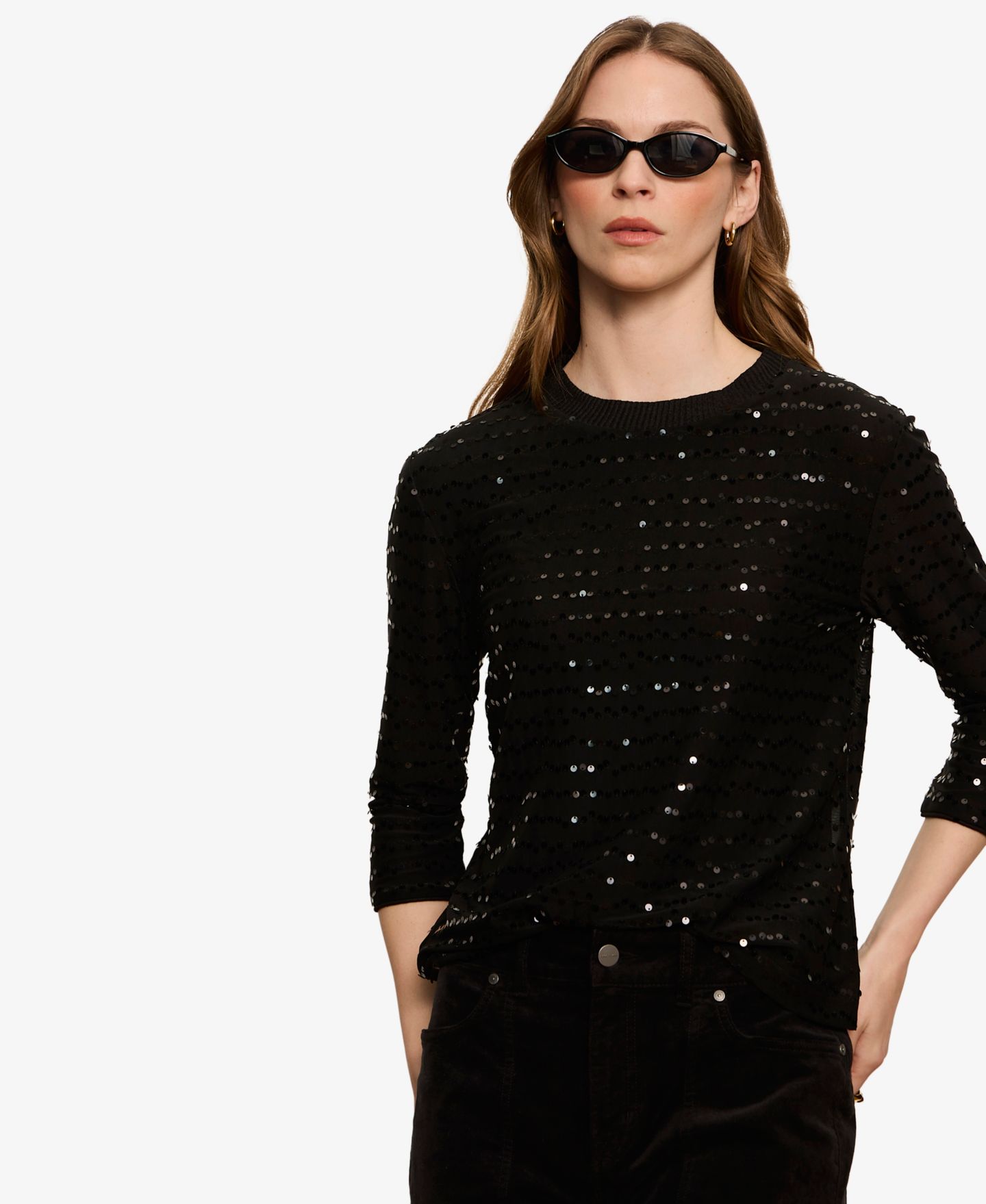 Женская футболка Sanctuary Mode Sequin-Embellished 3/4-Sleeve, цвет: Чёрный — фото 4