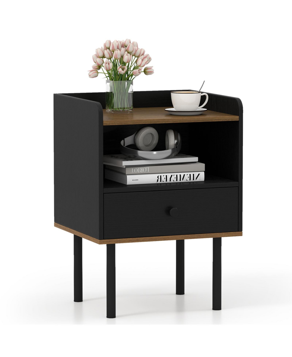 Mecale Nightstand with Drawer 3 Tier Sofa Side Table with Open Storage Shelf