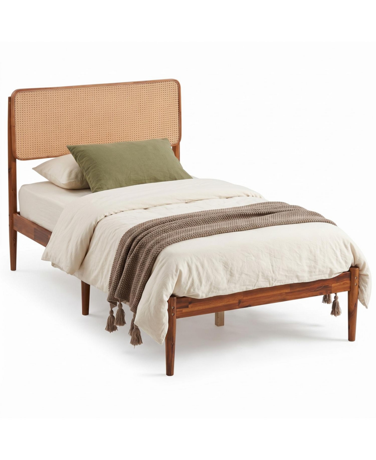 Mecale Wooden Boho Rattan Brown Bed Frame with Wooden Slat Support Twin