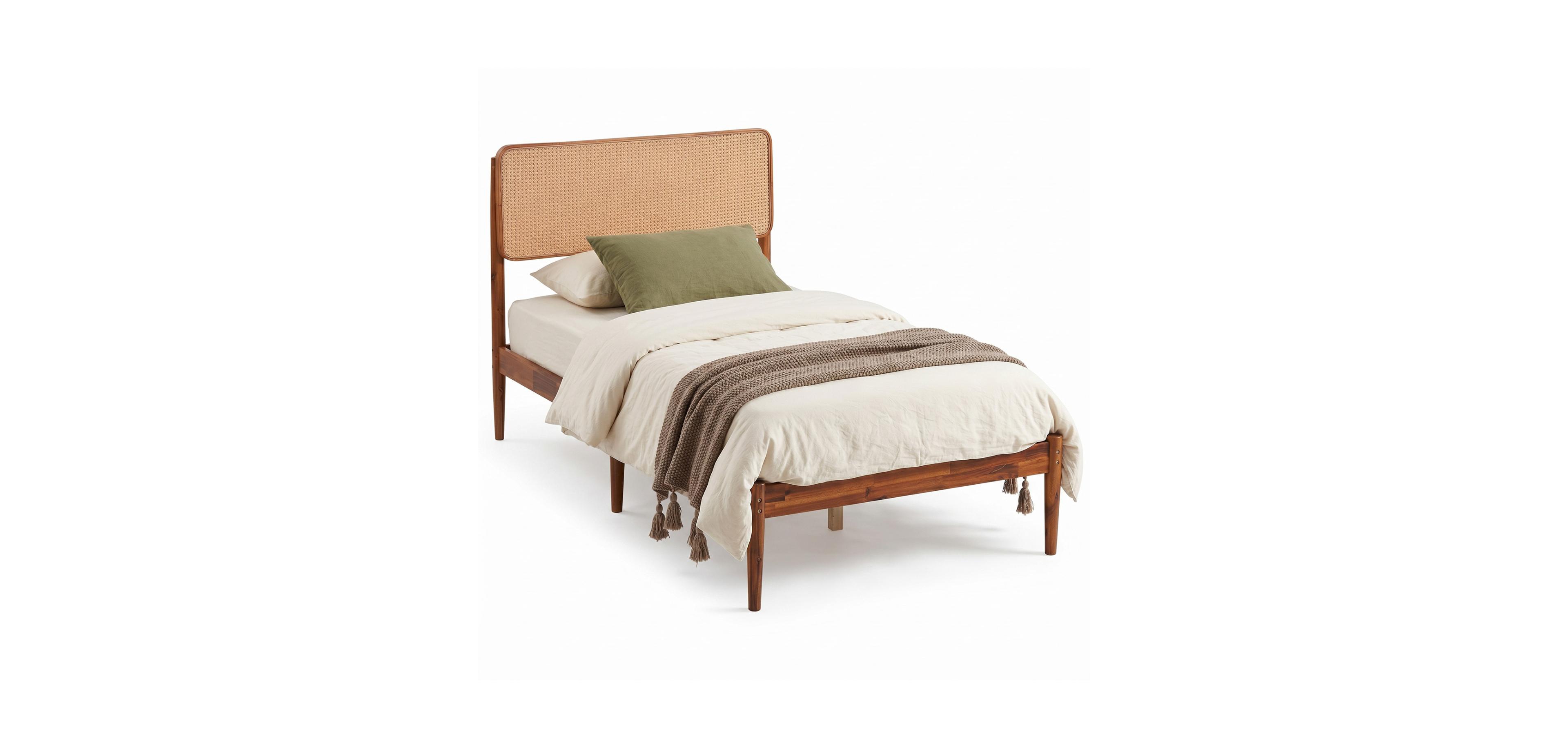 Mecale Wooden Boho Rattan Brown Bed Frame with Wooden Slat Support Twin