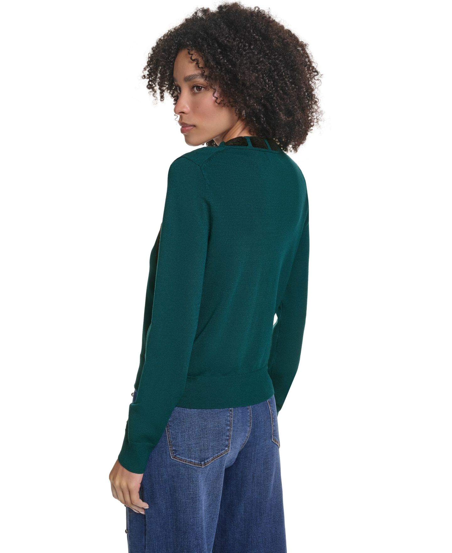 Женский свитер KARL LAGERFELD PARIS Petite Bow Front Crewneck Fitted, цвет: Бирюзовый / Чёрный — фото 5