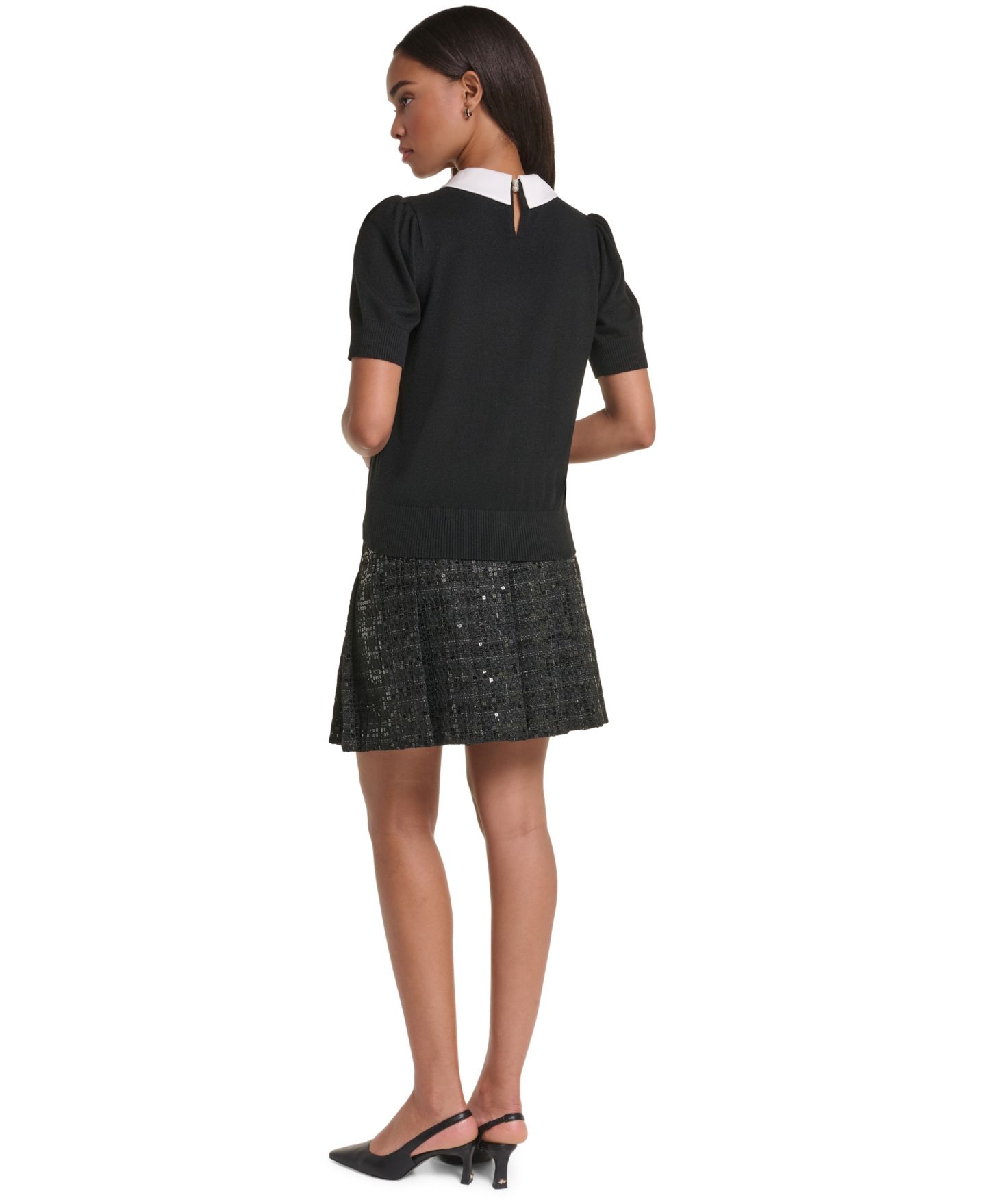 Женский свитер KARL LAGERFELD PARIS Petite Collared Short Sleeve, цвет: Чёрный / Мягкий белый — фото 6