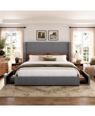 4-Drawer Upholstered Platform Bed Frame with Wingback Headboard, Corduroy and Walnut Legs, 1000 lbs Support, No Box Spring Needed for Bedroom