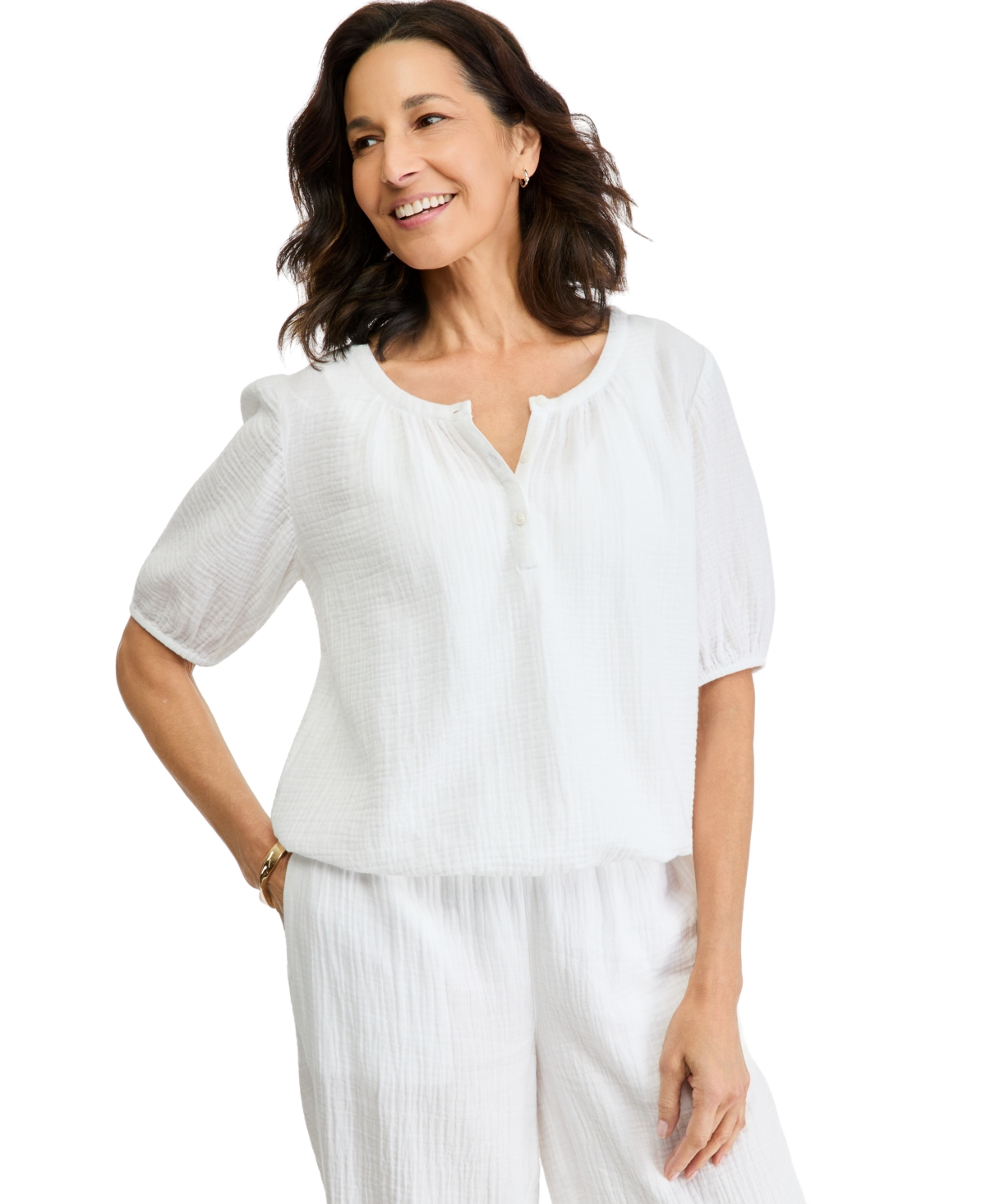Style & Co Women's Cotton Gauze Henley Bubble-Hem Top, Macy's Exclusive