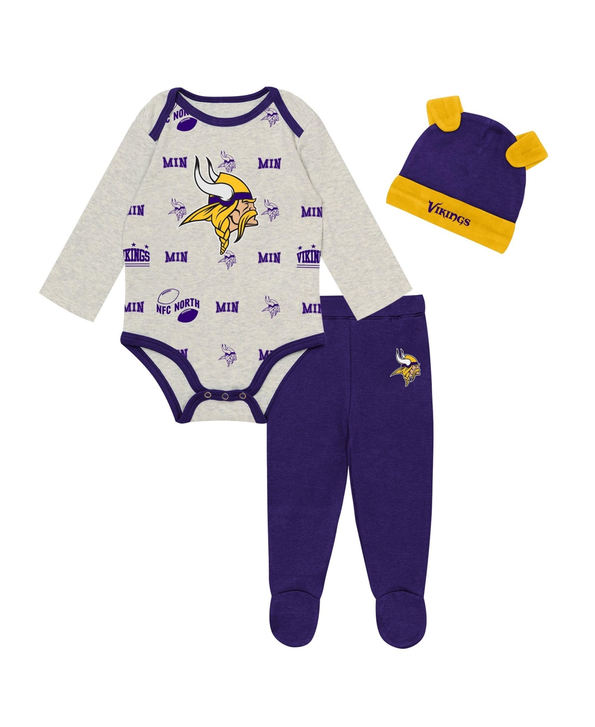 Outerstuff Baby Boys' and Girls' Huddles & Giggles Minnesota Vikings Long-Sleeve Footed Bodysuit, Pants and Hat, 3-Piece Set - Heather Gray, Court Pur