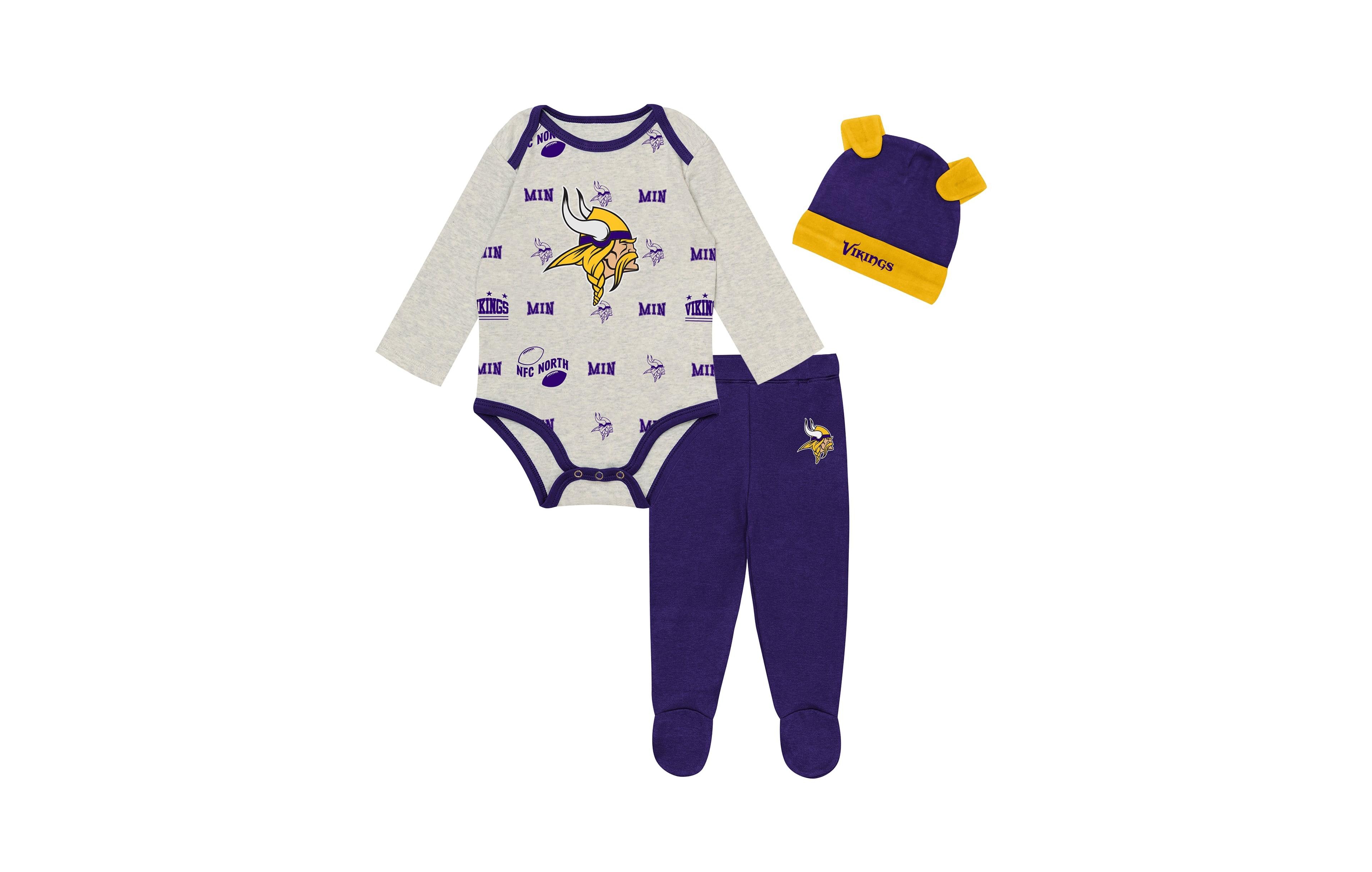Outerstuff Baby Boys' and Girls' Huddles & Giggles Minnesota Vikings Long-Sleeve Footed Bodysuit, Pants Hat, 3-Piece Set